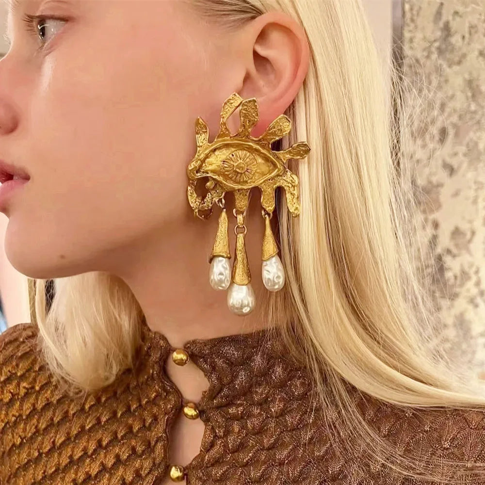 Vintage Ethnic Metal Alloy Gold-Plated Eyes Dangle Earrings For Women Jewelry Fashion Show Statement Earrings...