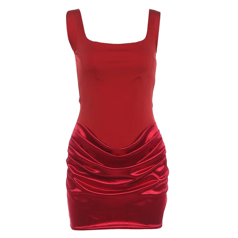 Nibber Peach Hip Dress Women Elegant Christmas Low Chest Sleeveless Ruched Patchwork Birthday Party Dating Chic Skinny Clubwear