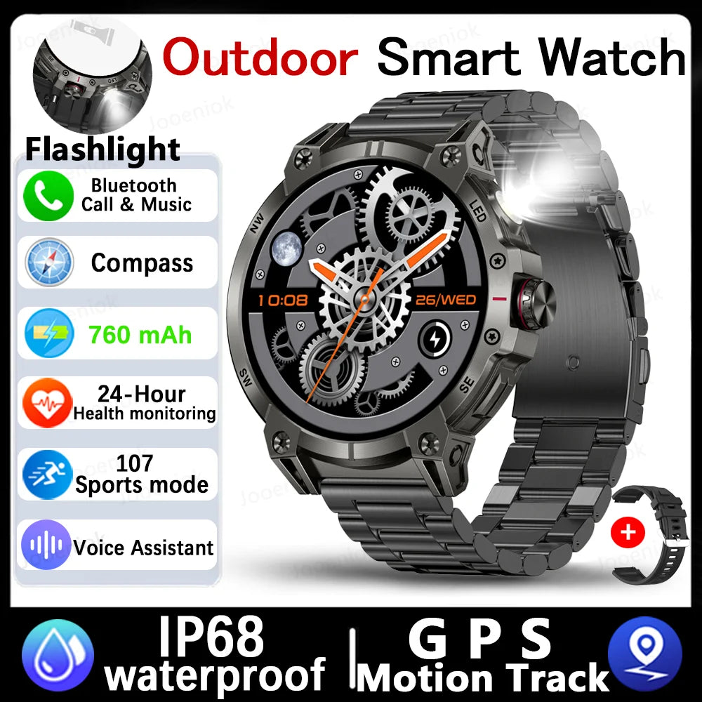 Military Smart Watch Men 760mAh Large Battery LED Flashlight Compass 1.8"HD Screen Heart rate Waterproof BT Call Smartwatch New