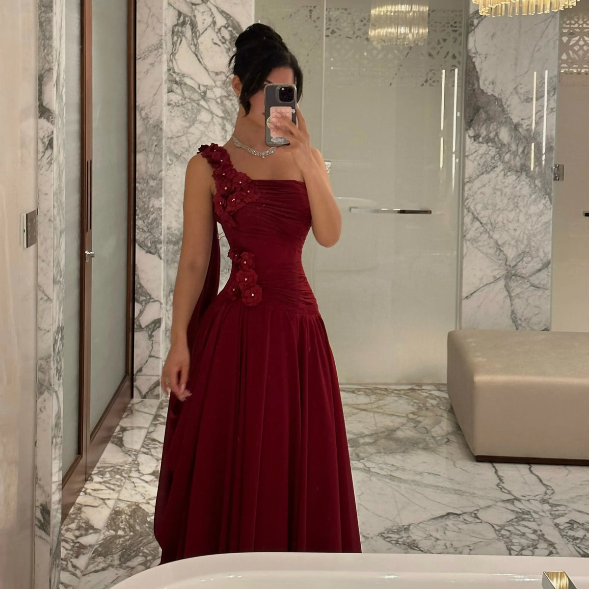 Burgundy One Shoulder Evening Dress 3D Floral Appliques Long Train Formal Gown for Gala Party