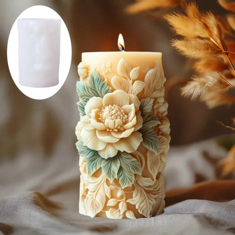 2025 3D Blooming Lily flower relief cylindrical candle silicone mold flower cylinder resin mould Blooming peony gypsum molds
