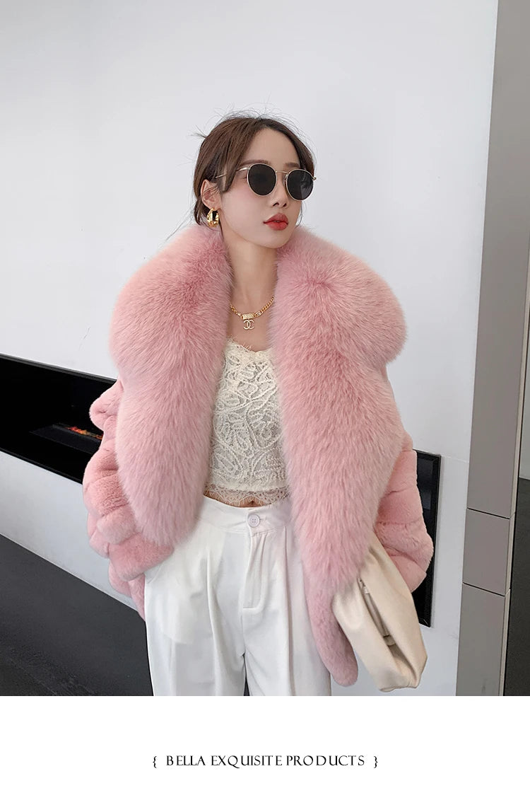 Fashion Women Real Rex Rabbit Fur Coats Long Natural Full Pelt Chinchilla Color Rabbit Fur Jackets With Real Fox Fur Collar Over