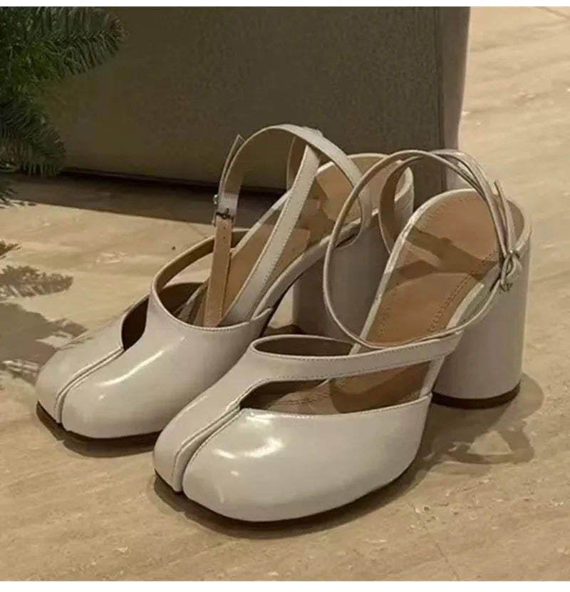 Ins style Fashion Patent Leather Split Toe Women Pumps Spring Summer Thick High heels Slingbacks Female Tabi Chunky Casual Shoes