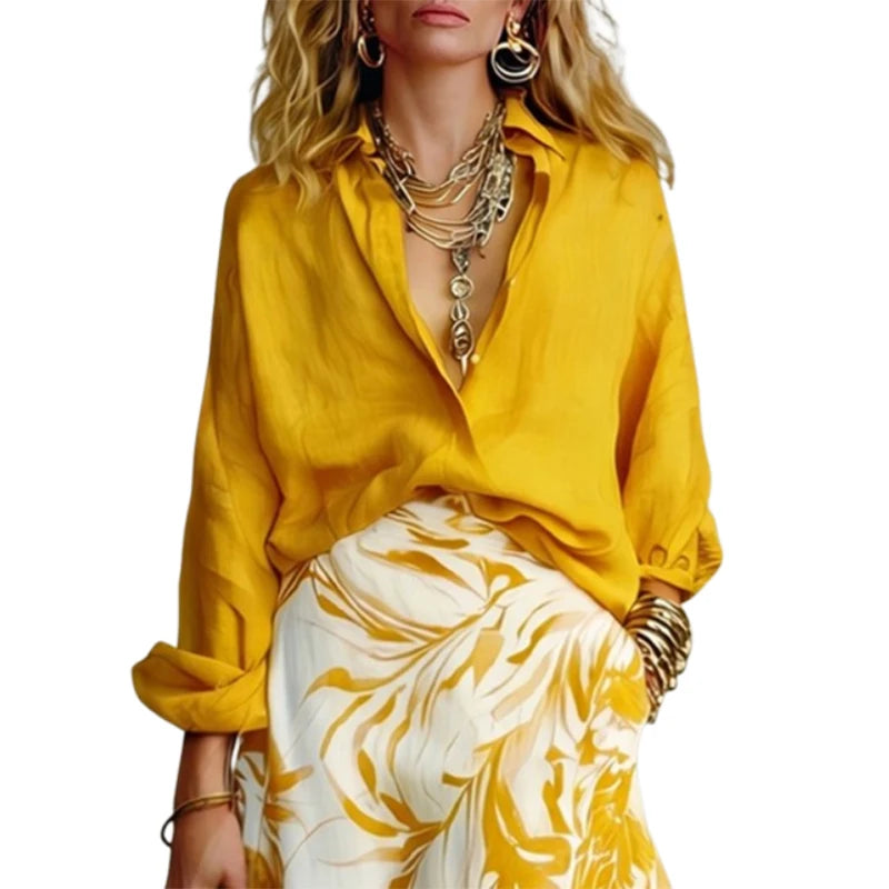 UOOZEE Women's Loose Buttoned Solid Color Lapel Blouses 2026 New Long Sleeves Urban Casual Office Minimalist Yellow Shirts Tops