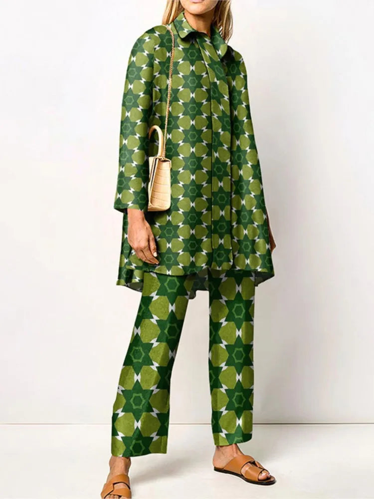 Autumn New Vintage Printed Pant Sets Women Long Shirts And Wide Legs Trousers Two Piece Set Fashion Trendy Streetwear Lady Suits