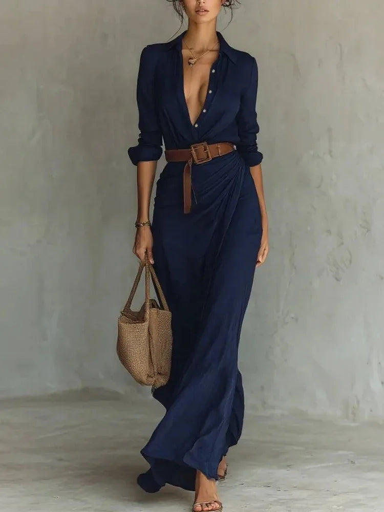 Elegant Solid Color Irregular Pleated Dress Belt Women's Autumn New Item Single Breasted Long Sleeved Shirt Long Frock Vestidos
