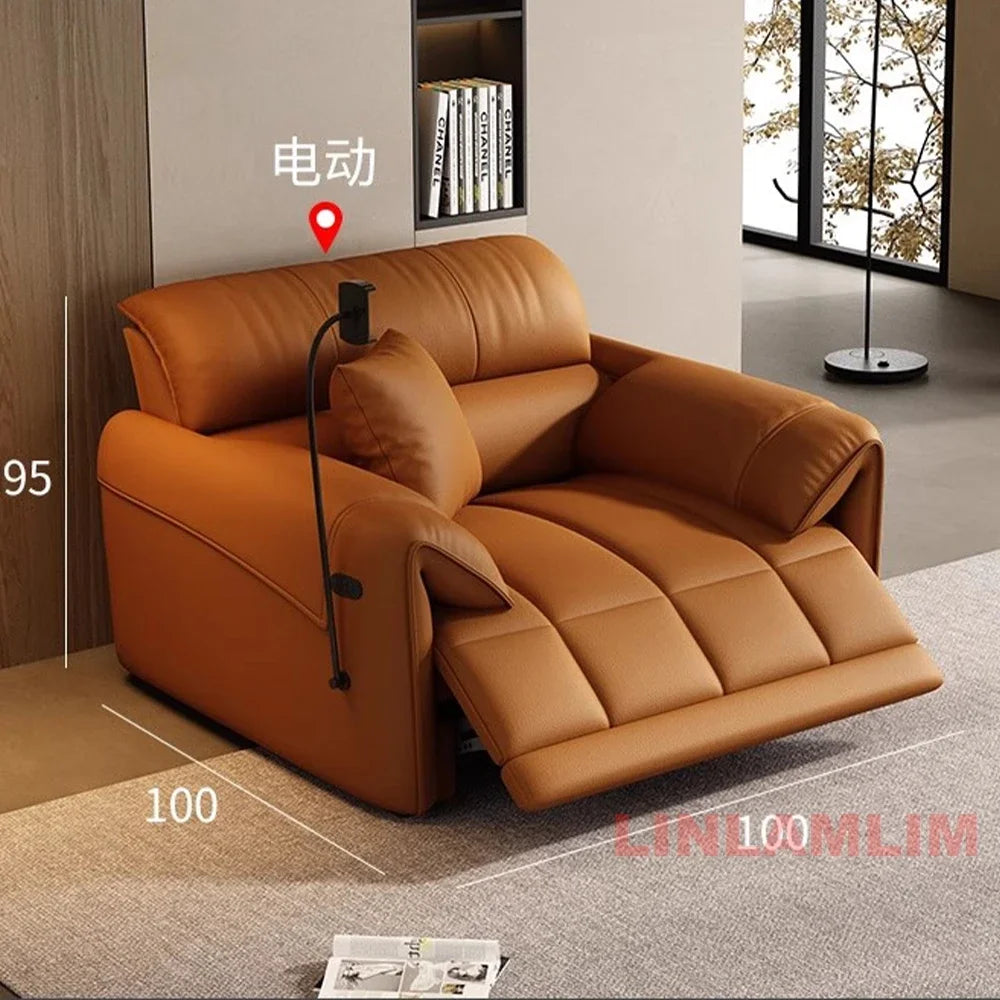 Modern Electric Reclining Sofa with Adjustable Footrest, USB, and Foldable Center Console – Italian Genuine Leather Power Sofa