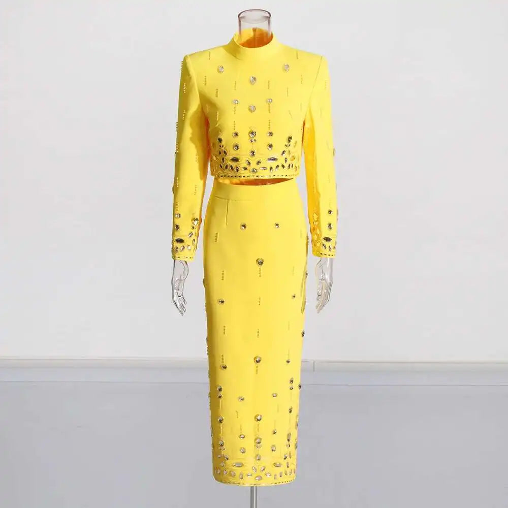 TWOTWINSTYLE Solid Spliced Diamonds Two Piece Set For Women Stand Collar Long Sleeve Tops High Waist A Line Skirt Set Female New