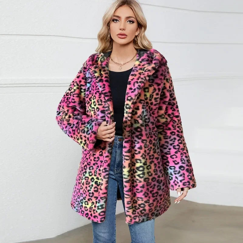 ZXRYXGS 2025 New Fashion Autumn Winter Coats Loose Medium Length Jackets Leopard Print Imitation Fur Coat Women's Clothing Tide