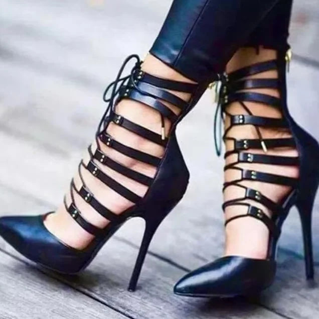 Rome Shoes Strappy Sandals Women Pointed Toe Cut-out Lace-up Cross Strap Thin Heels Pump Shoes Women | Kimlud Premium Shoes