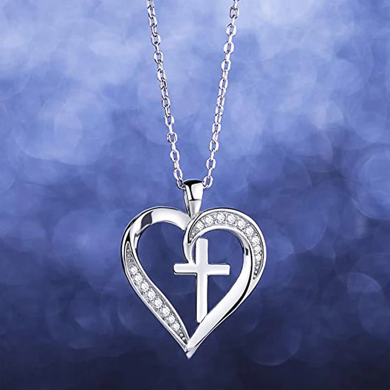 Huitan Creative Heart with Cross Design Pendant Necklace for Women Wedding Anniversary Party Statement Neck Accessories...