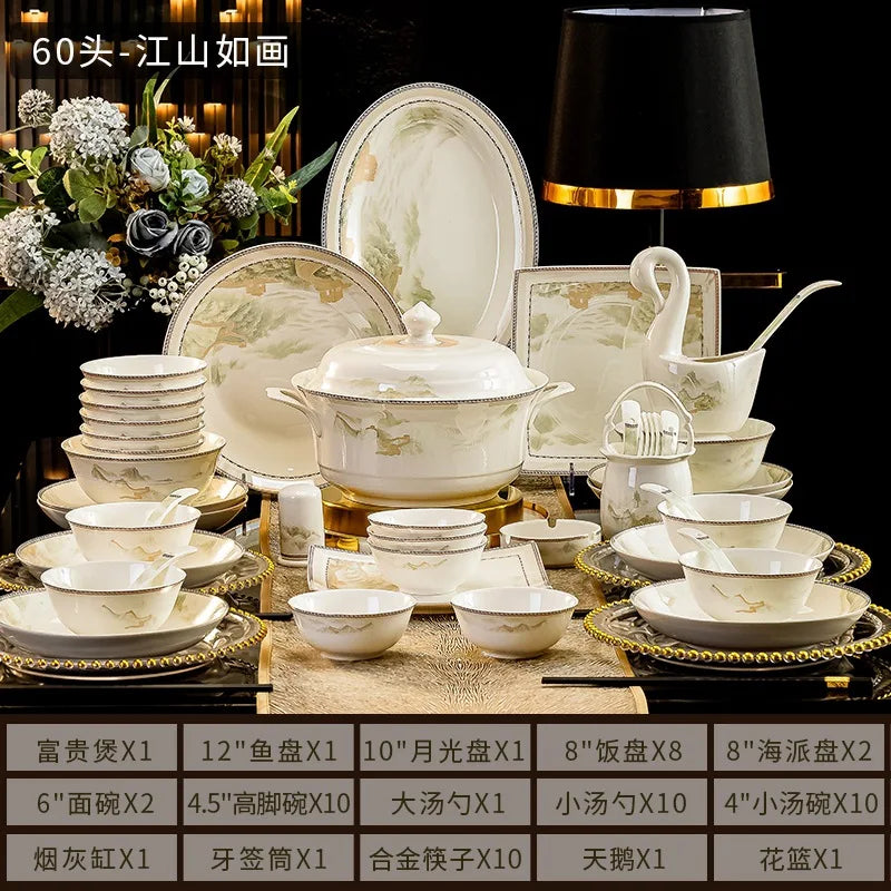 Jingdezhen dish set housewarming tableware set bowl and plate ceramic tableware set light luxury plate bowl | Kimlud...