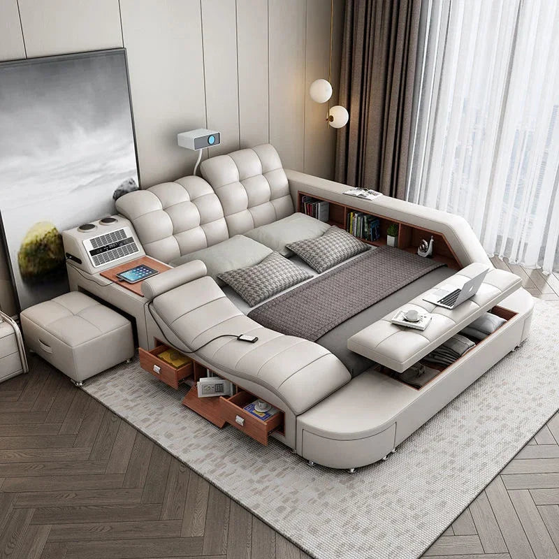 Genuine Leather Tech Smart Multifunctional Beds Massage Modern Luxury Camas Upholstered With Bluetooth Speaker,Air Cleaner