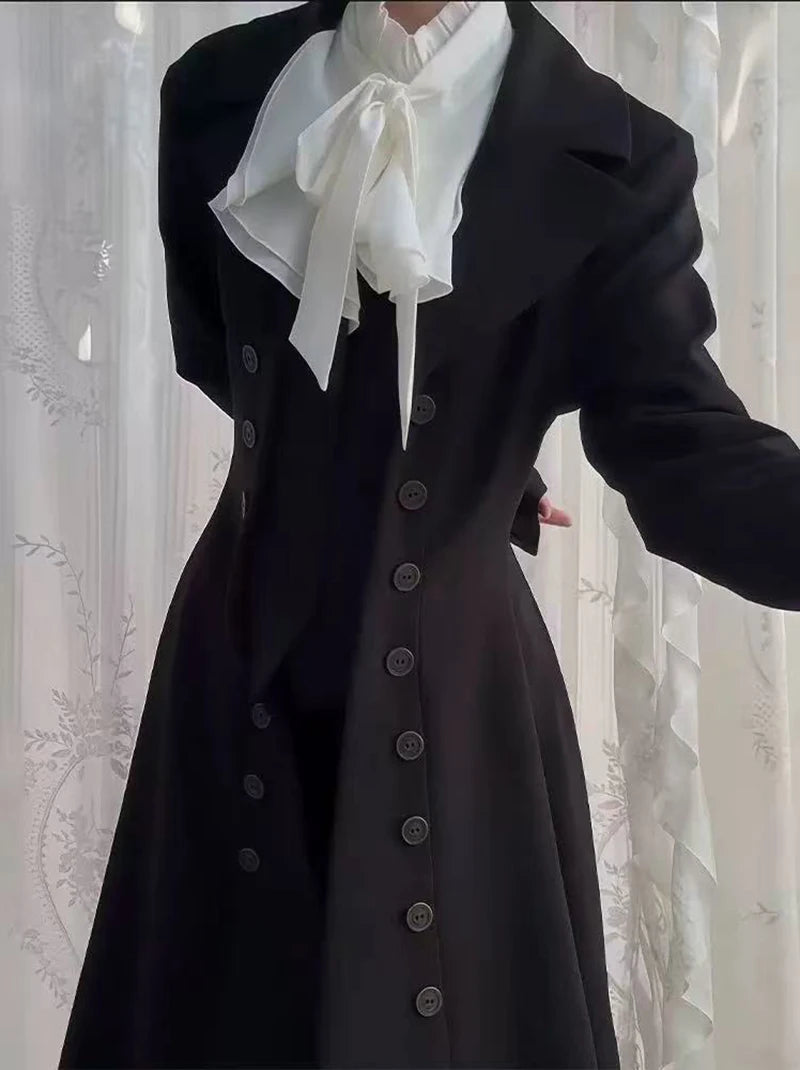 Japanese Y2K Patchwork Midi Coats Women Gothic Dark Academic Double Breasted Jackets Fashion Streetwear Slim Lapel...