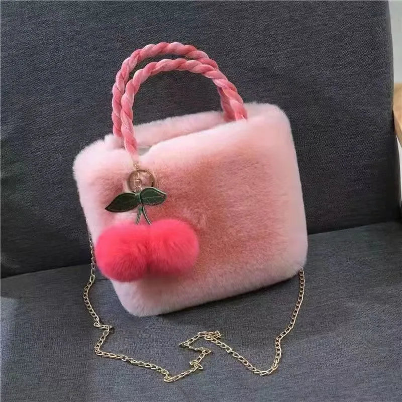 New Fashion Women Handbags Winter Furry Ladies Soft Plush Clutch Purse Shoulder Bags Fashion Female Cherry Pendant Messenger Bag