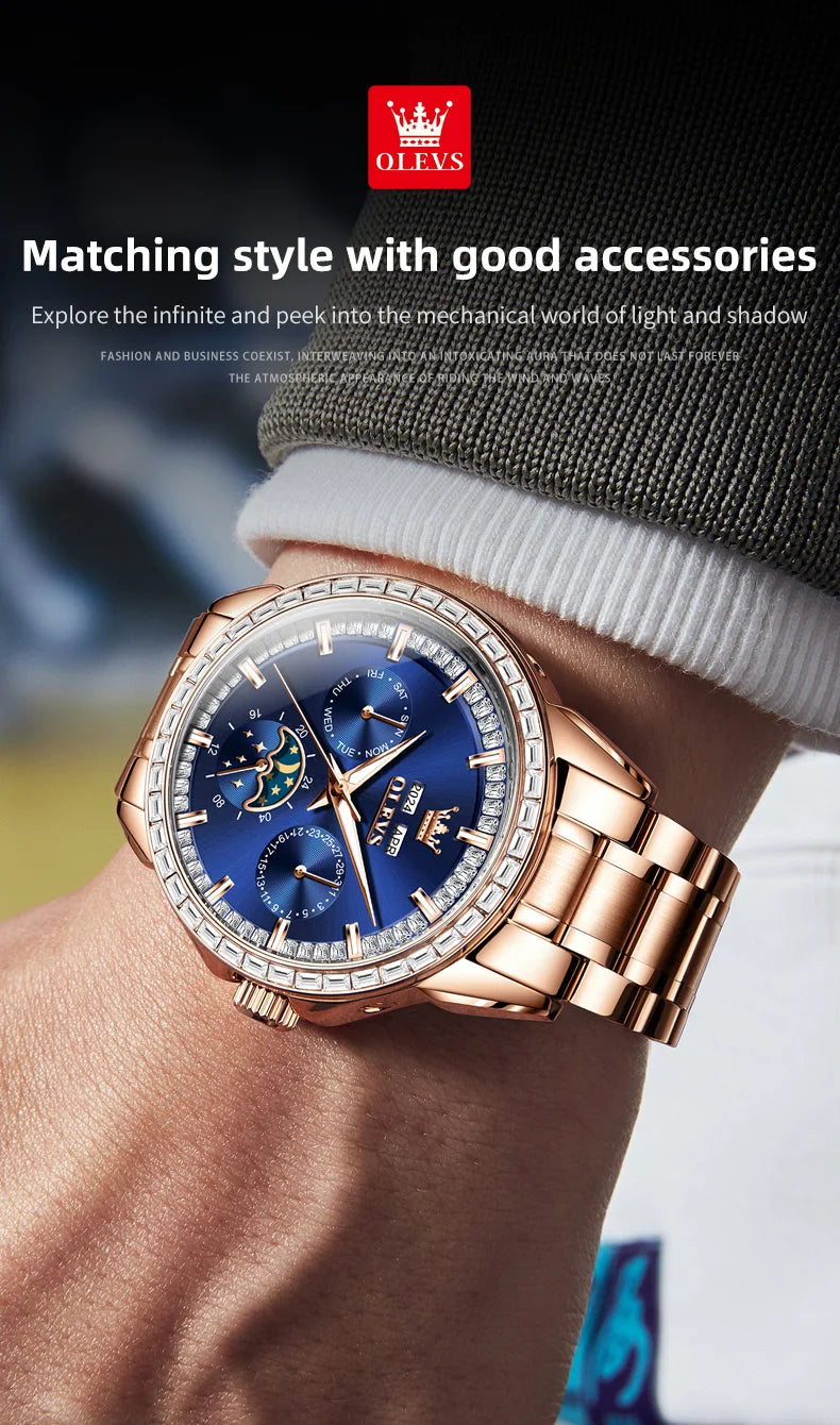 OLEVS 6695 Automatic Mechanical Men's Watches Luxury Brand Original Diamond Bezel Moon Phase Perpetual Calendar Man...