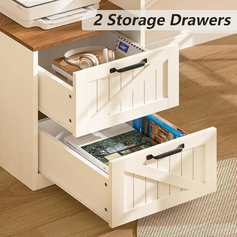 63" Farmhouse L Shaped Executive Desk with Drawers & Storage Shelf, Corner Computer Desk with Power Outlets, L Shaped Office Des - Kimlud