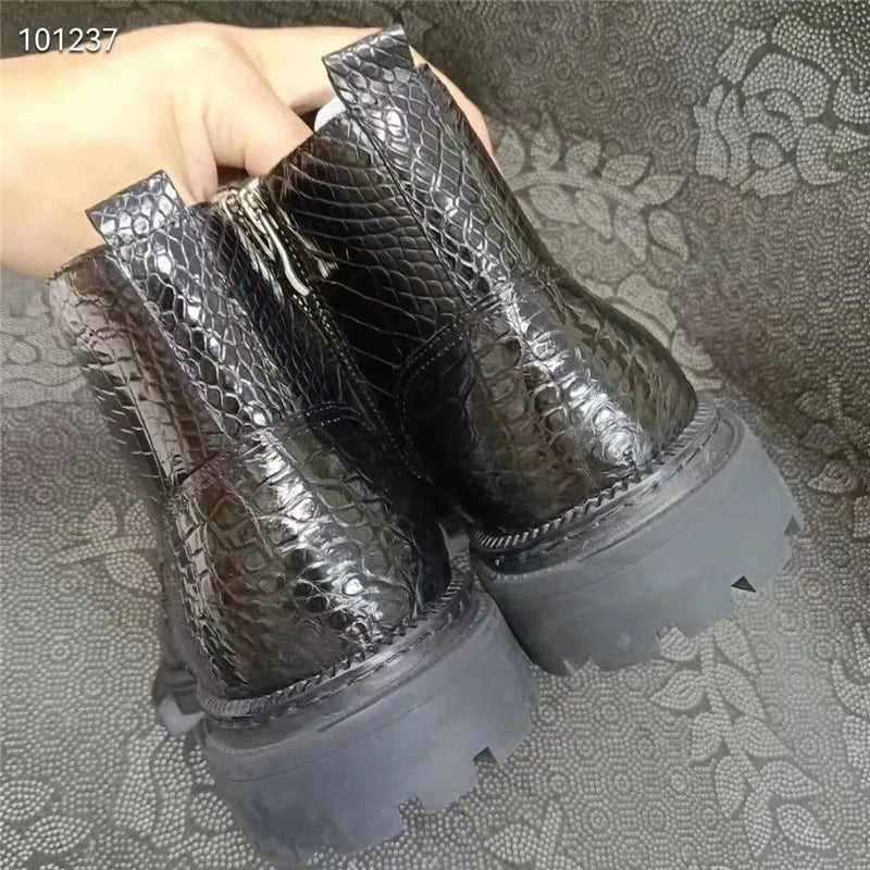 Authentic Real True Crocodile Skin Men's Casual Black High-top Shoes Genuine Exotic Alligator Leather Male Short ZIP Ankle Boots