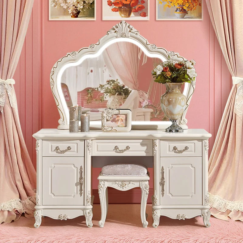 European Luxury Vanity Table Girls Wooden White Tall Vanity Table Makeup Nordic Penteadeira De Maquiagem Bedroom Furniture - Kimlud