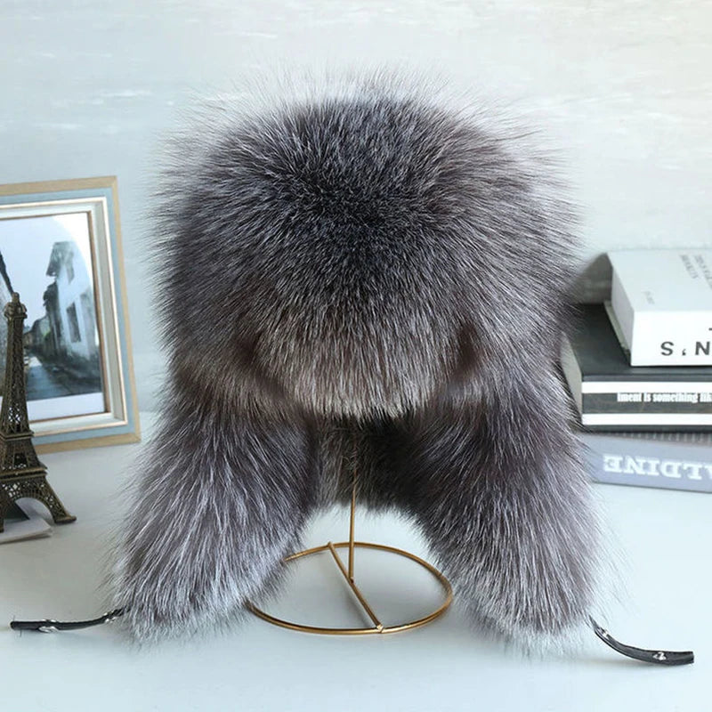 Natural Raccoon Fur Hat Women Black Fox Fur Russian Ushanka Hats Winter Warm Ears Bomber Cap