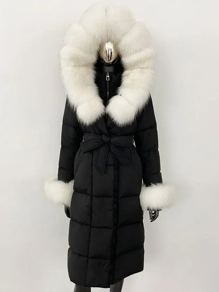 CXFS New Real Raccoon Fox Fur Collar Hooded Natural Long Winter Jacket Women 90 White Duck Down Coat Thick Warm Casual Outerwear