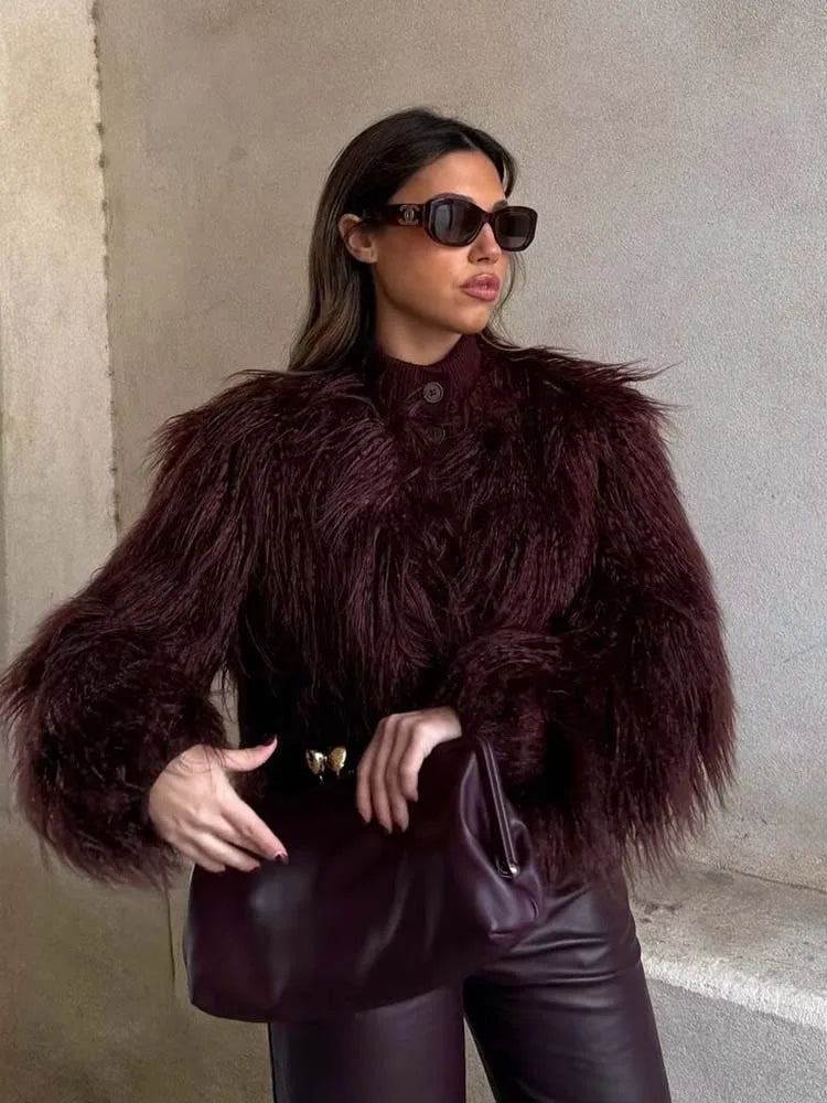 Faux Fur Knitted Short Coats Autumn And Winter Women Fashion O-Neck Jackets 2025 Elegant Office Ladies Casual Outerwear 