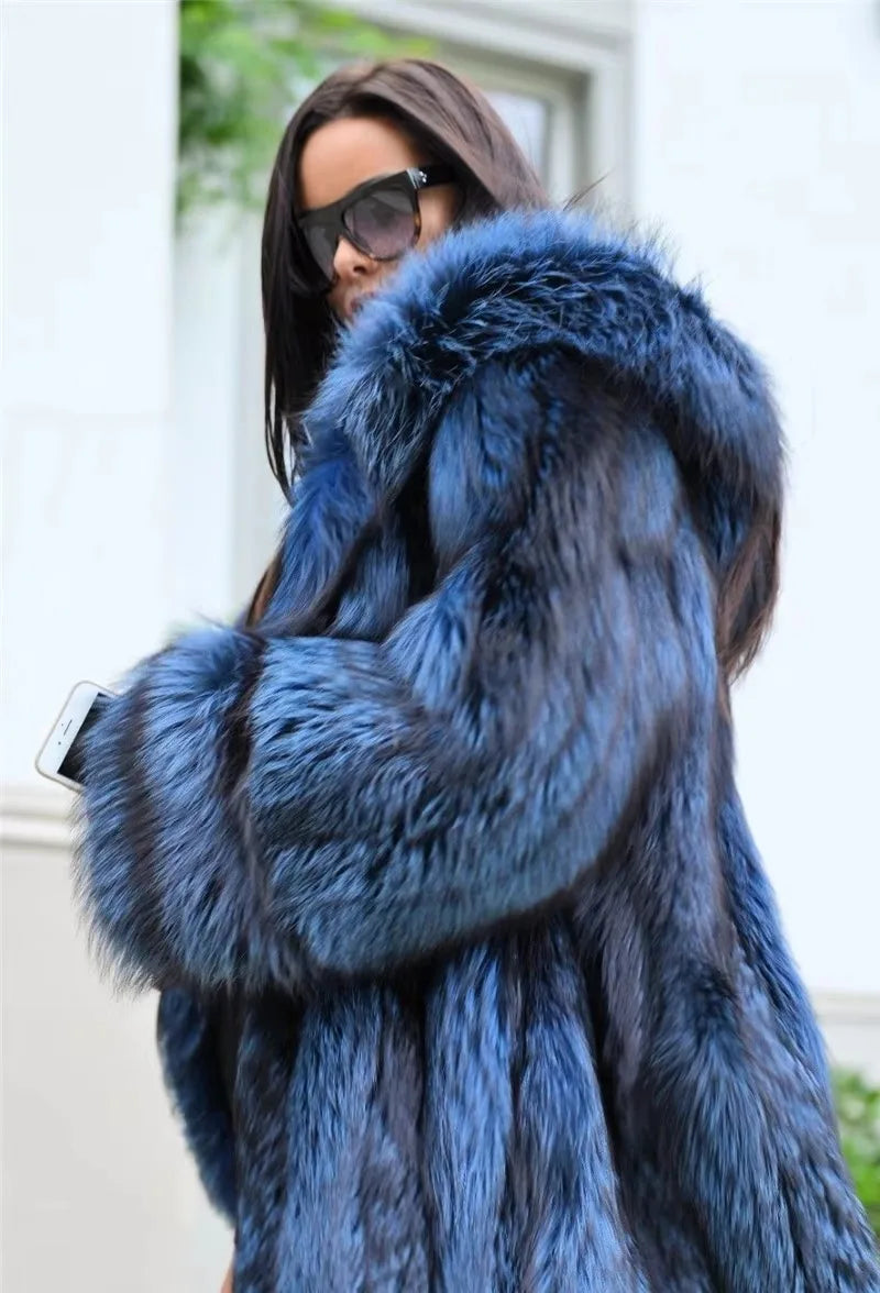 BFFUR Luxury Real Fox Fur Coat With Hood Winter Women'S Genuine Full Pelt Natural Fox X-Long Outdoor Jacket Thick Warm Coat