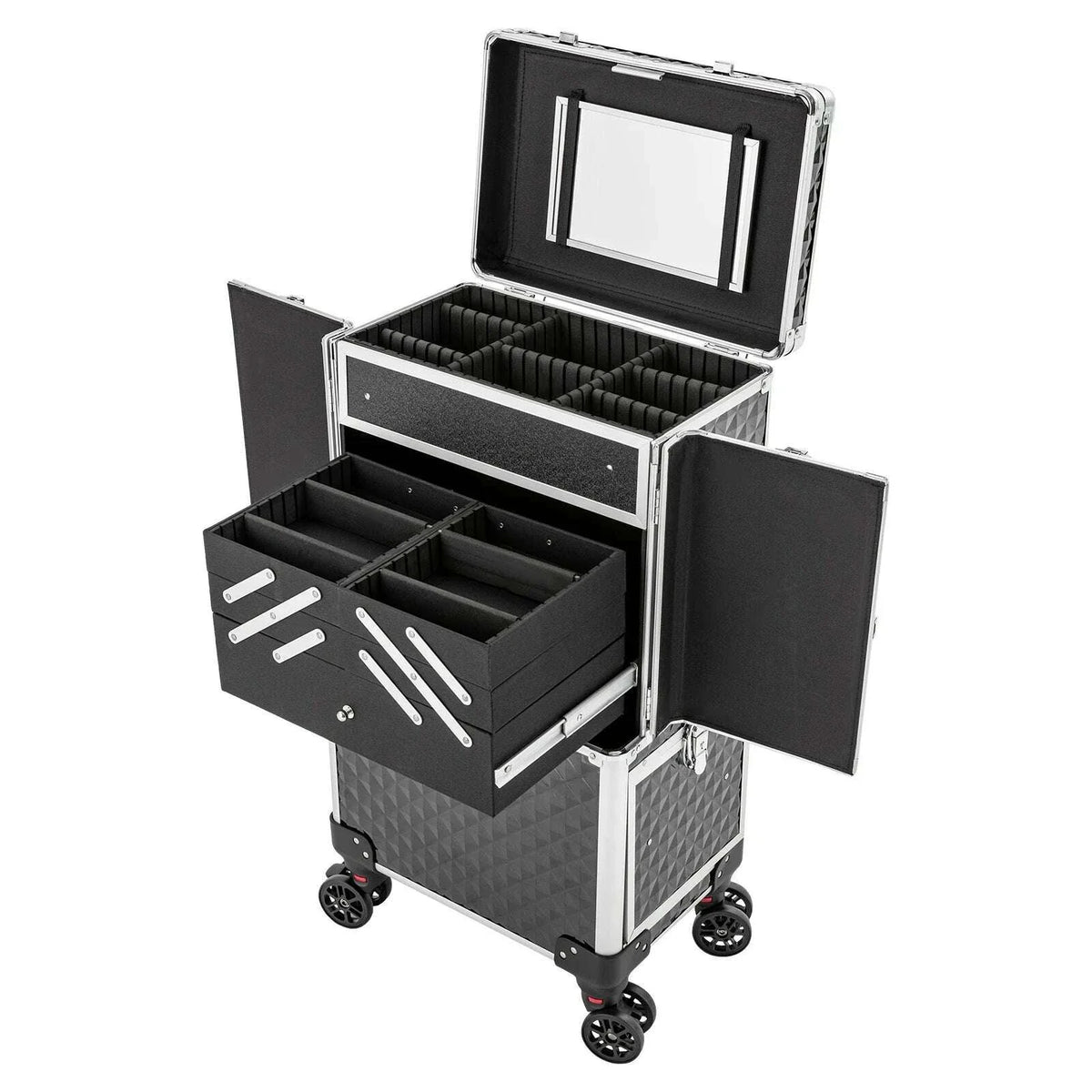 Multi-tier Rolling Makeup Case, Heavy-duty ABS and Fiberboard Construction, Ergonomic Handle, Perfect for Hairstylists