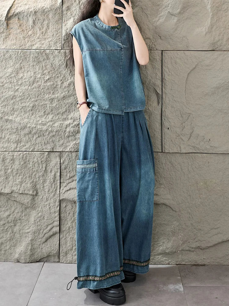 Amax LuluE Korean Summer Women Vintage 2 Pieces Sets Denim Suits Soild O Neck T-Shirts Fashion Jeans Causal Pants Loose Outfits - Kimlud