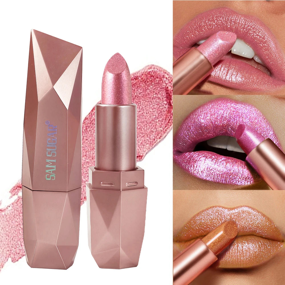 Polygon Metallic Lipstick Longlasting Glitter Orange Red Lip Glaze Waterproof Moisturize Luminous Shimmer Shiny Lipgloss Makeup