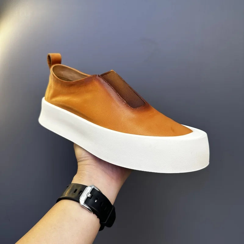 High-end Men Chunky Sneakers Fashion Genuine Leather Men Casual Shoes Breathable Slip on Men Board Shoes