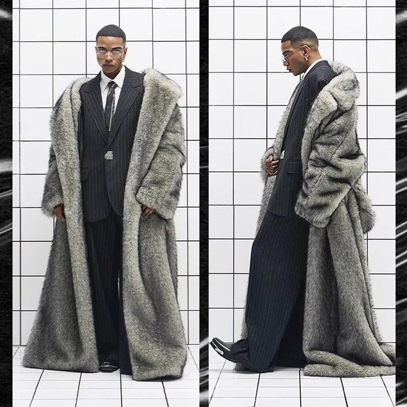 New men's fur coat, fox fur lapels, long trendy overcoat, winter windproof and warm trench coat, large size | Kimlud...