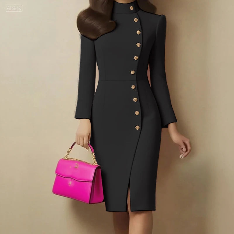Elegant Stand Collar Split Slim Fit Midi Dress Women's Fashion Single Breasted Solid Party Dress Casual Long Sleeve...