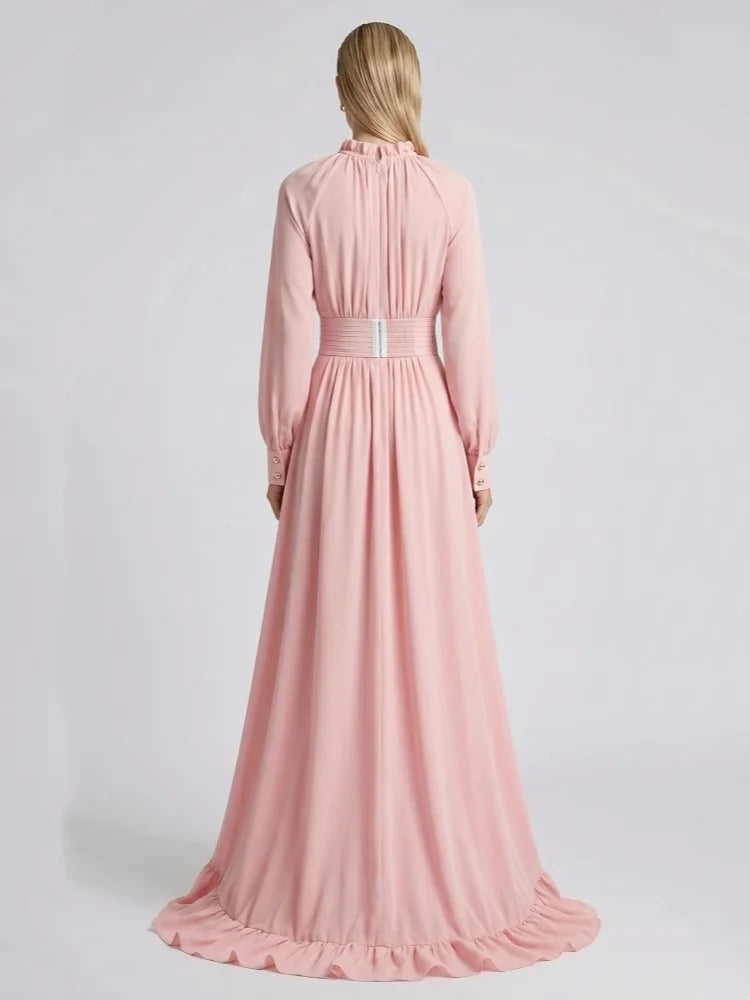 Sexy O Neck Lace Up Buttons Ruched Long Dress Women Pink Long Sleeves Ruffles Slim Dresses Celebrity Evening Party Runway Gowns