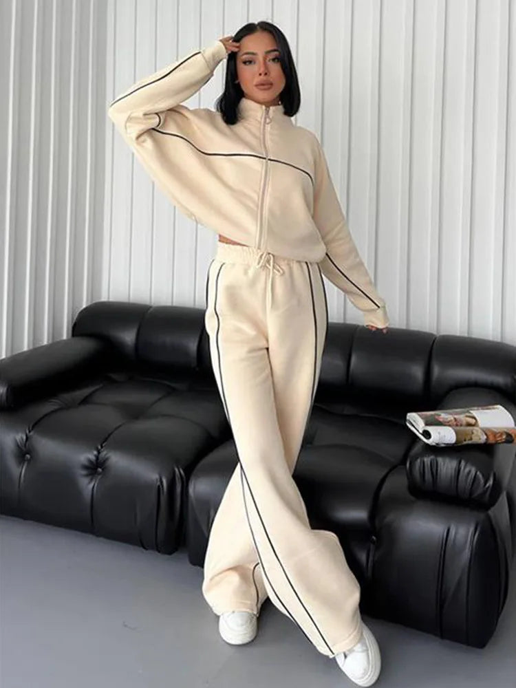 Zekye Women's Clothing Long-sleeved Semi-turtleneck Cardigan Sweater Strappy Striped Trousers Women's Suit Collection 2025 - Kimlud