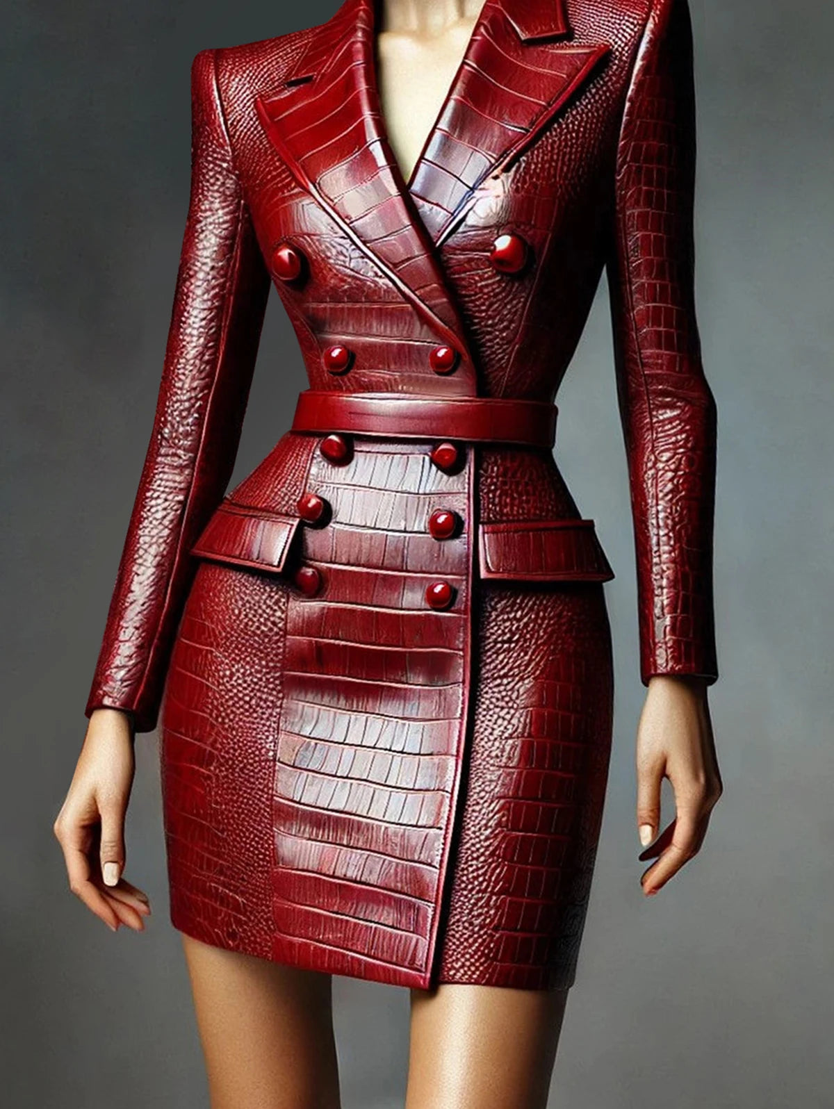 New PU Leather Dresses for Women Lapel Collor Double Breasted Alligator Pattern Belt Mini Dress Long Sleeve Elegant Dress 2025