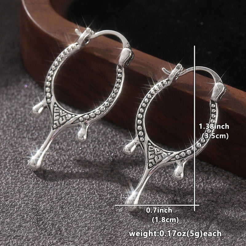 Vintage Handmade Pattern Silvery Plated Irregular Hoop Earrings Women's Fashion Personalized Banquet Festival Jewelry Accessory