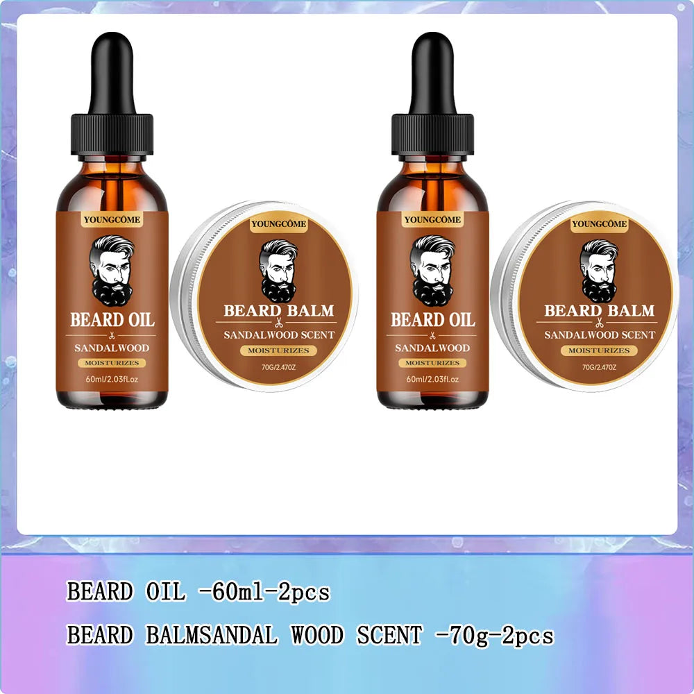 Organic Beard Growth Oil & Sandalwood Balm 1/2/4 Set-24H Nourishing, No Flakes, Men's Grooming Kit with Argan Oil &...