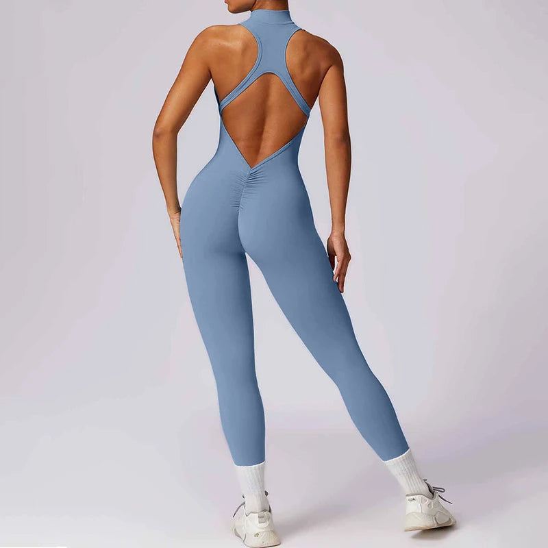Backless Scrunch Sporty Jumpsuit Gym Tracksuit Women's Fitness Overalls Sexy Hollow One-Piece Sport Suit Zipper Workout Jumpsuit - Kimlud