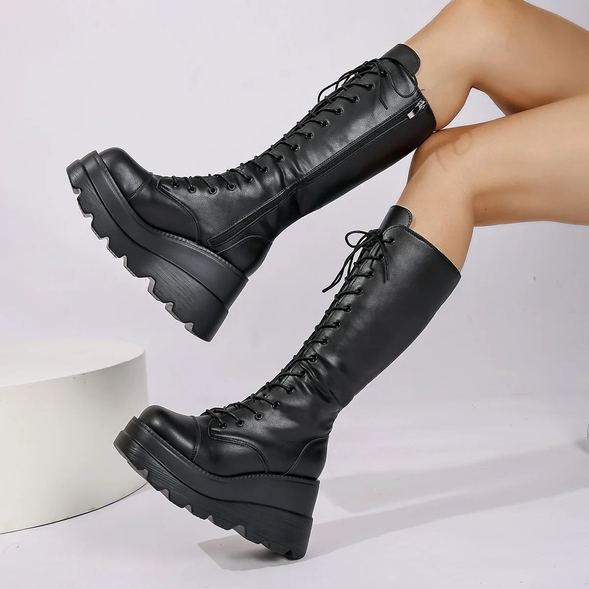 Women's Large Size 35-43 Boots New Round Toe Wedge Lace Thick Sole Zipper Mid-Tube Boots Hot Girl Style High-Enhanced Shoes