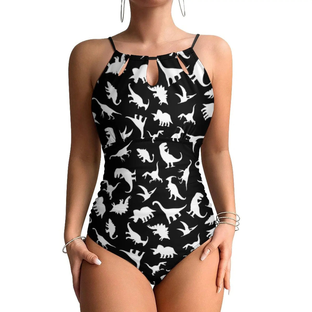 Botanical With Dinosaurs Swimsuit Dinosaur Quirky Soft Pastels Floral Swimwear Holiday Swimsuits Halter Bathing Suit |...