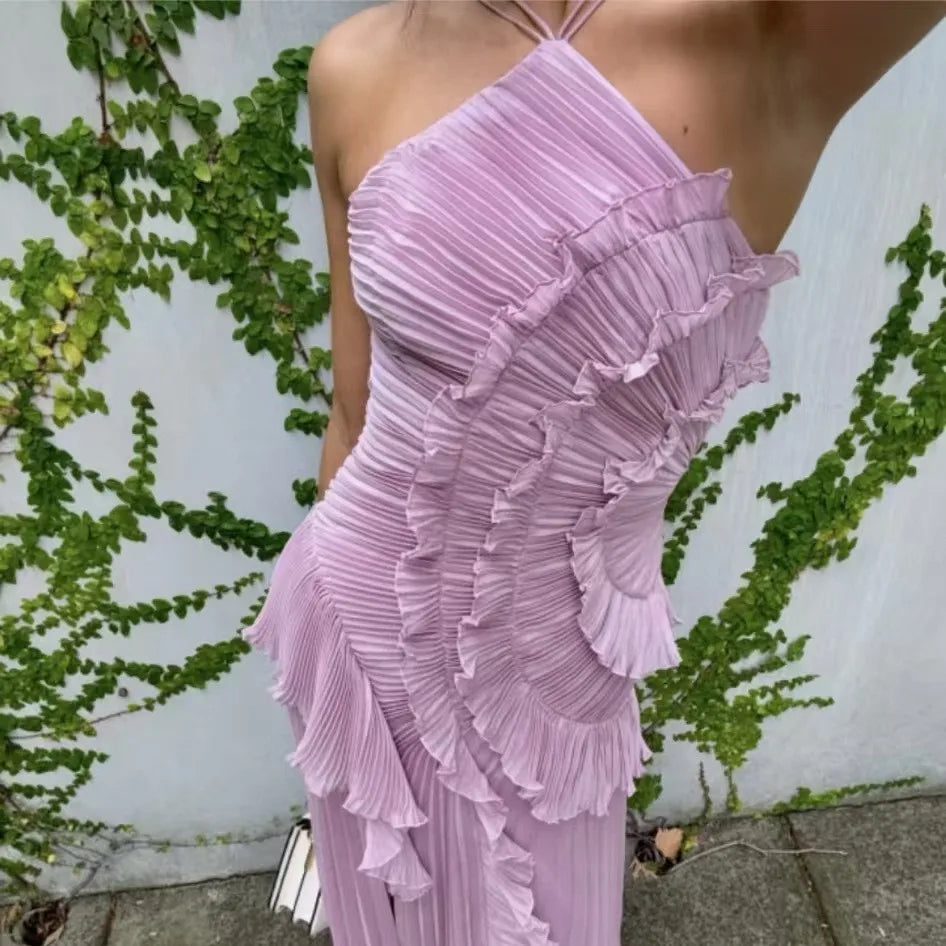 Elegant Women Ruffle Pleated Long Dress Fashion Sleeveless Halter Irregular Tiered Pleated Flowy Maxi Dresses for...
