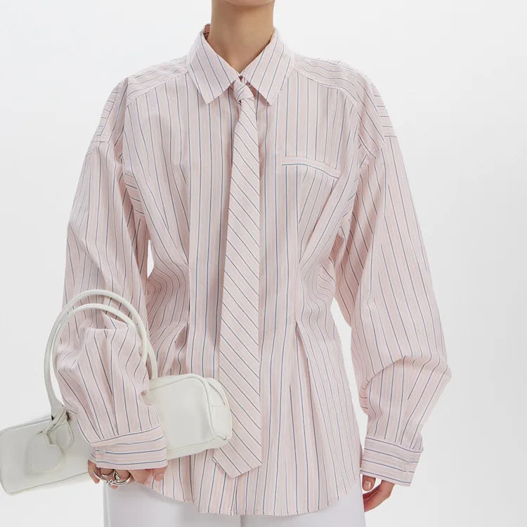 Women's Collar Striped Shirt with Asymmetrical Hem and Waist Cinching 2026 Spring summer Fashionable Casual Office...