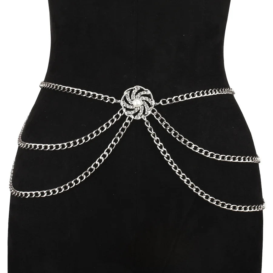 versatile multi-layer disc inlaid with diamond pearl waist chain new style tunic decorative metal belt for women - Kimlud
