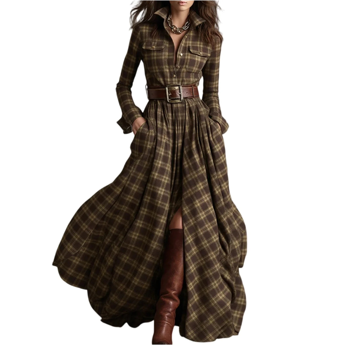 Retro Plaid Long Dresses Ladies Fashion Irregular Hem Slit Spring Autumn Long Sleeve Dress Western Style Buttons Shirt Dress New