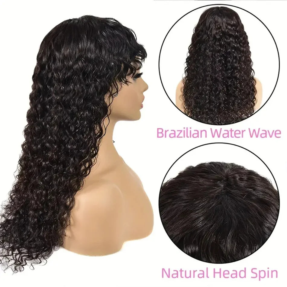 Curly Wig with Bangs Human Hair 180% Density Brazilian Virgin Deep Wave Wig Full Machine Made Glueless Bang Wigs for Black Women