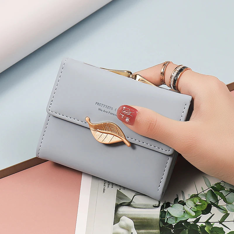 New purse Female Japan and South Korea small fresh PU solid color three fold bag multi-card folding large capacity coin student - Kimlud