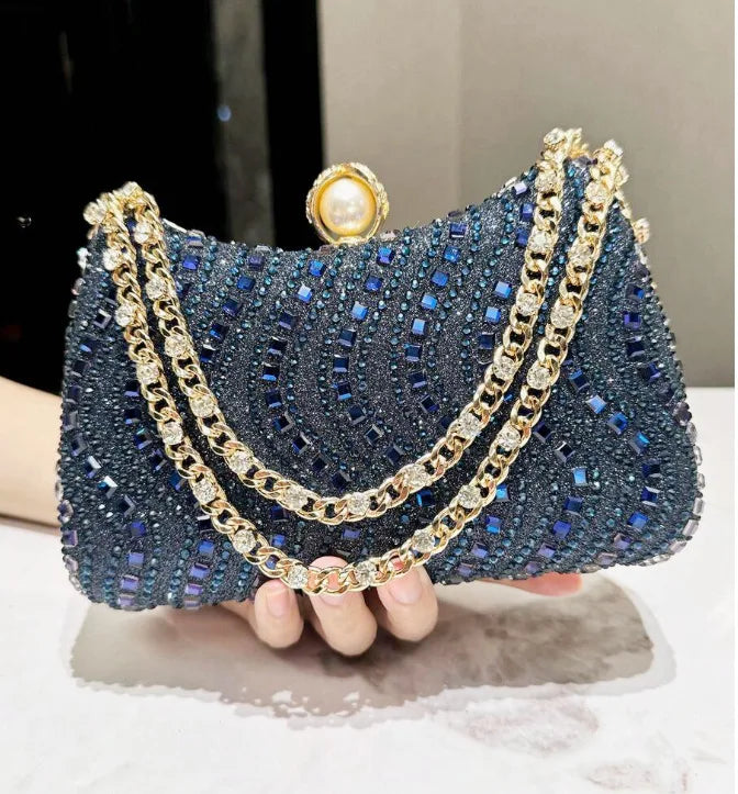 Fine Rhinestone Diamond Inlay Dinner Evening Bag Retro Luxury Gold Silver Blue Small Clutch for Women Wedding Party...