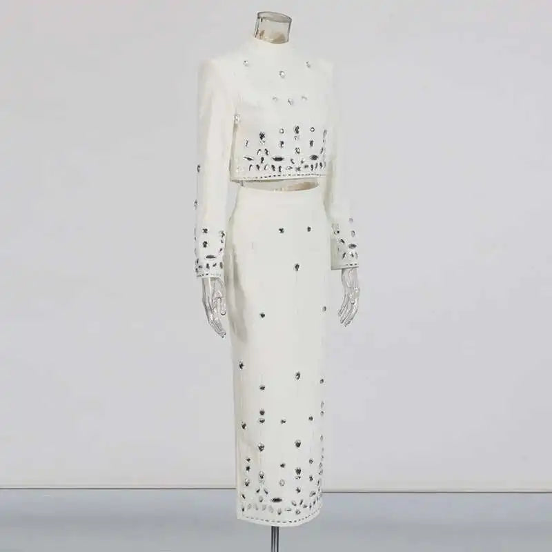 TWOTWINSTYLE Solid Spliced Diamonds Two Piece Set For Women Stand Collar Long Sleeve Tops High Waist A Line Skirt Set Female New
