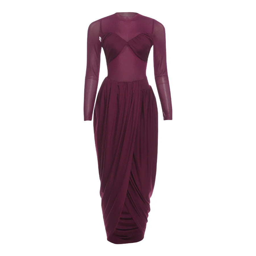 Nibber Splits Hem Dress Woman Mesh Patchwork o-Neck Full Sleeve Irregular Ruched Midnight Prom Party Elegant Skinny...